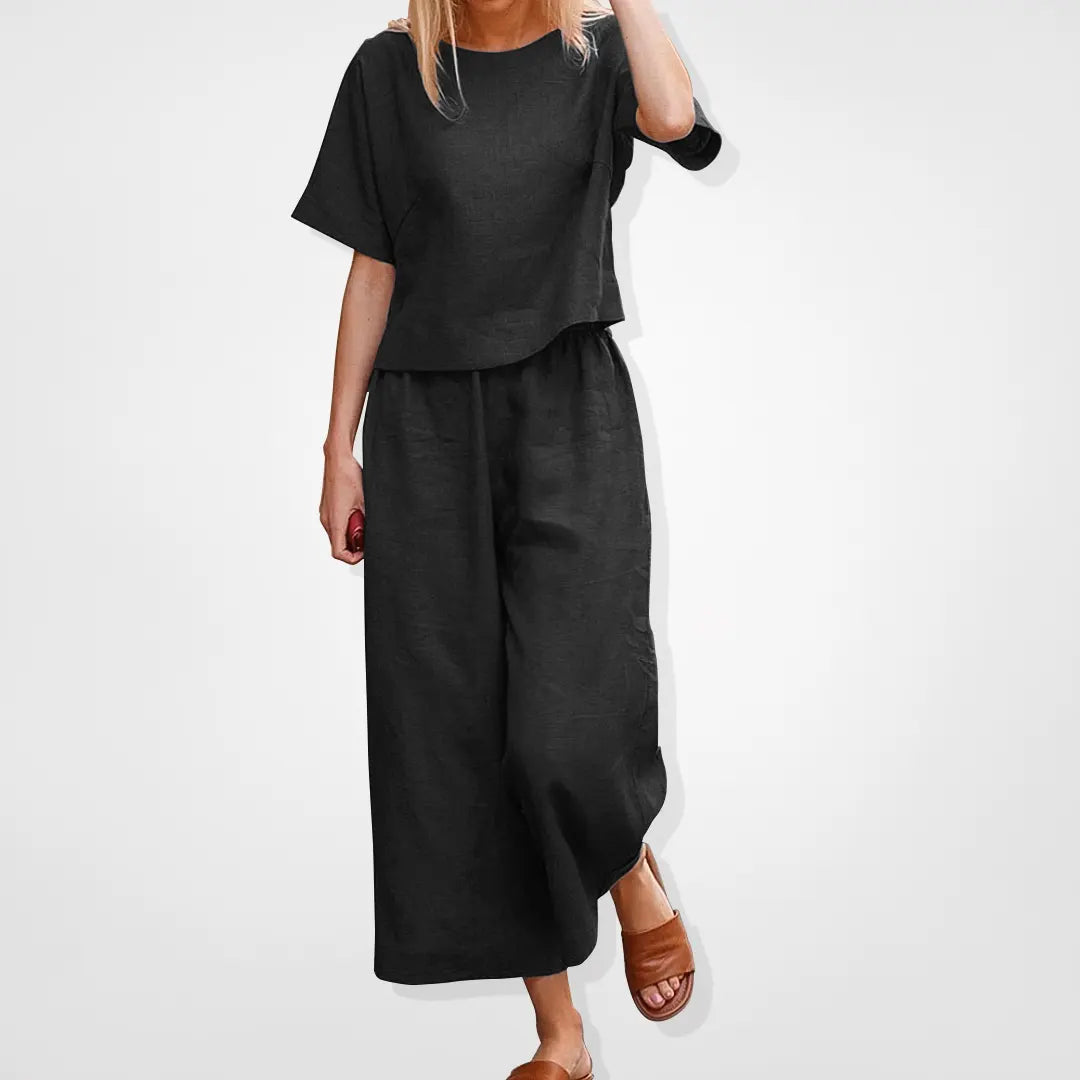 Casual loose fit loungewear tvådelat set - Kortärmad blus och byxor med vida ben