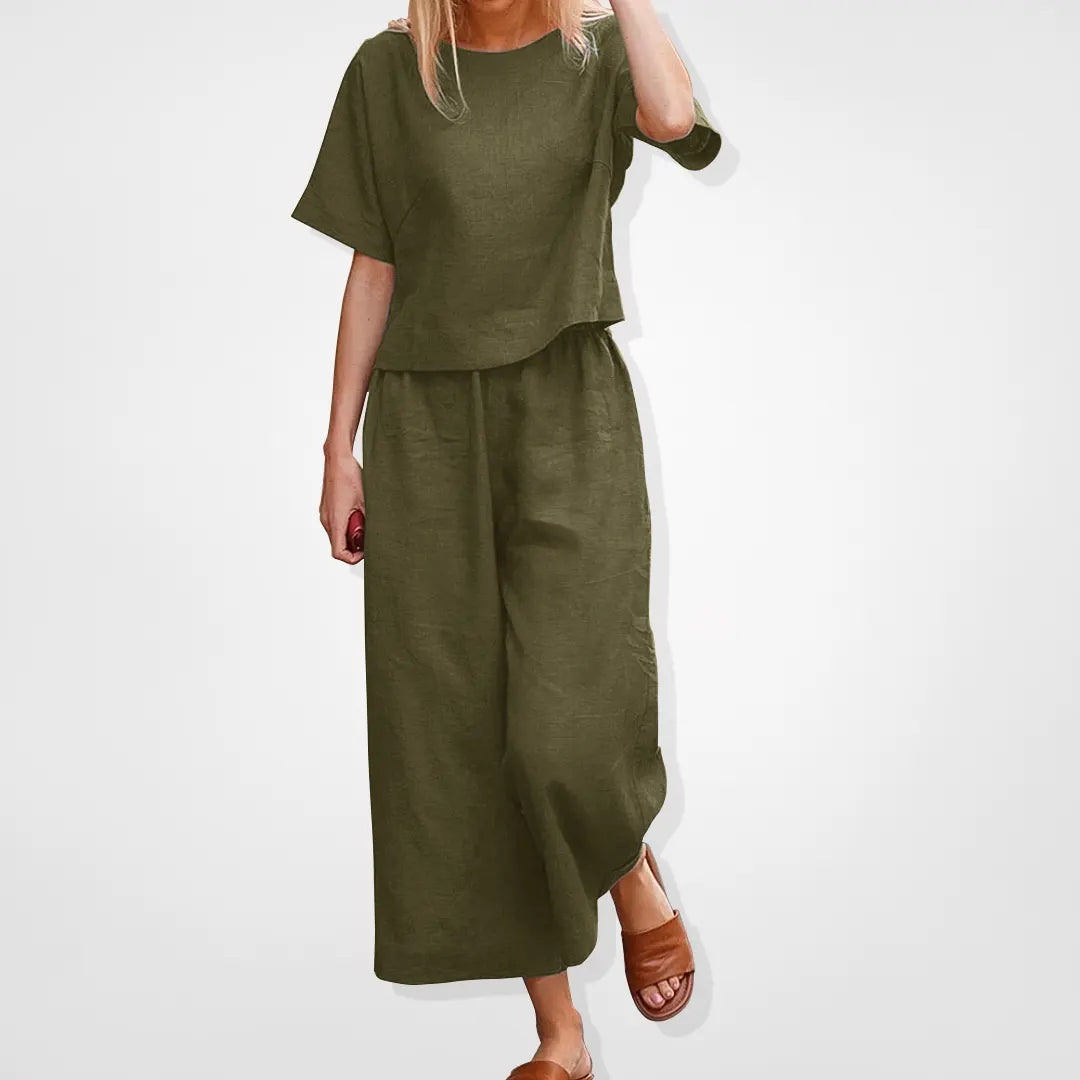 Casual loose fit loungewear tvådelat set - Kortärmad blus och byxor med vida ben