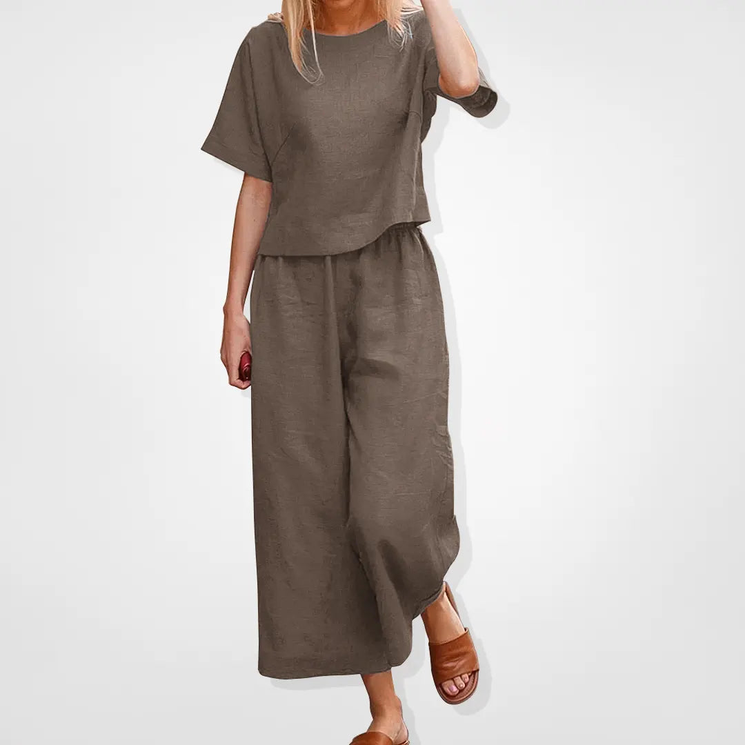 Casual loose fit loungewear tvådelat set - Kortärmad blus och byxor med vida ben