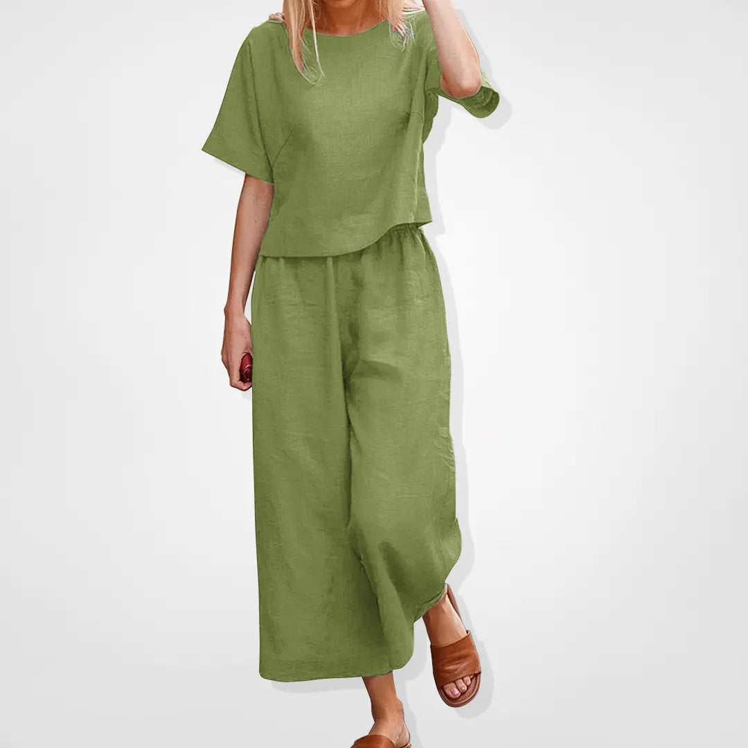 Casual loose fit loungewear tvådelat set - Kortärmad blus och byxor med vida ben