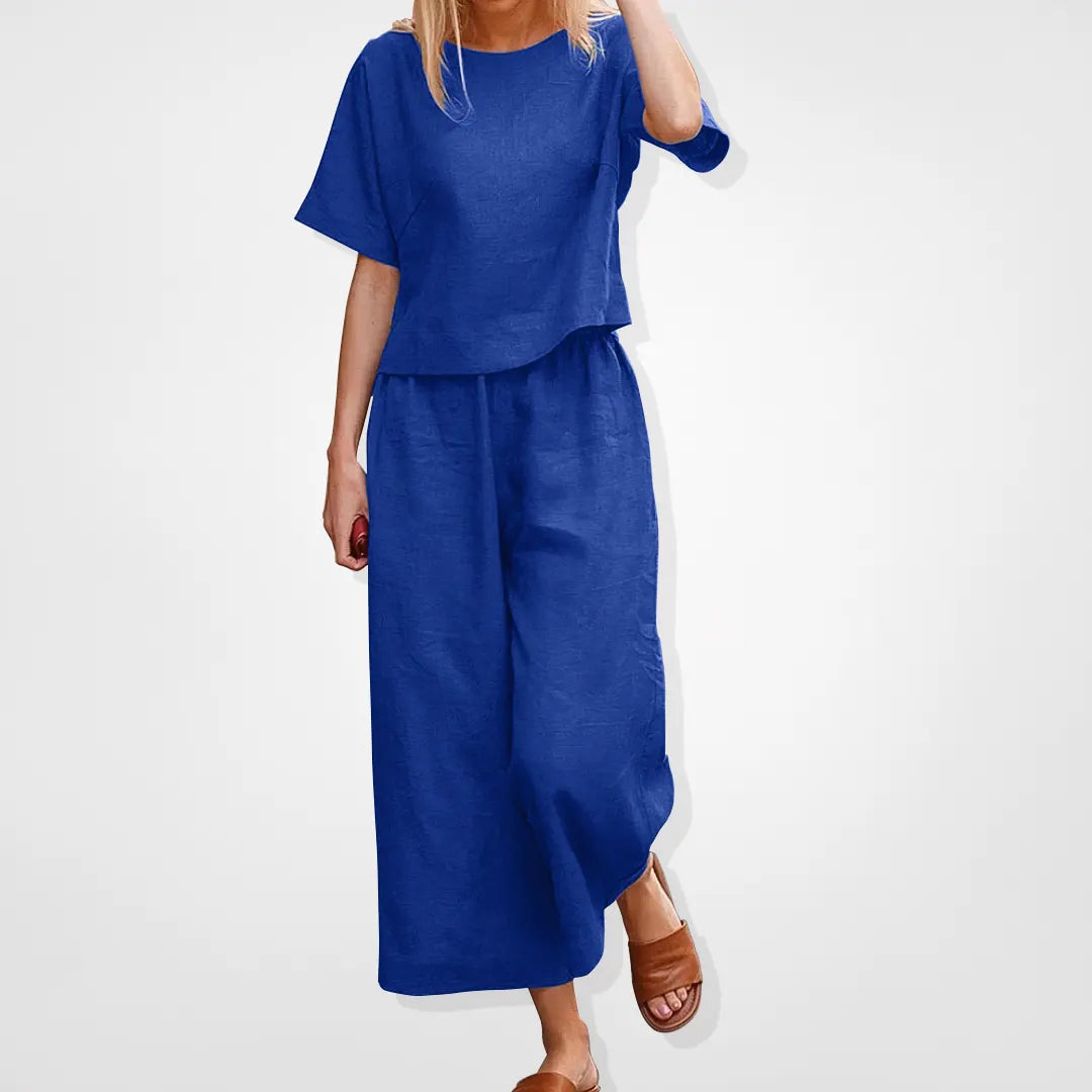 Casual loose fit loungewear tvådelat set - Kortärmad blus och byxor med vida ben