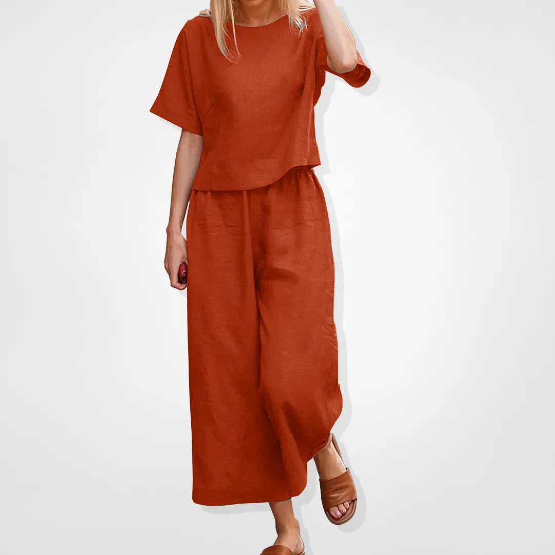 Casual loose fit loungewear tvådelat set - Kortärmad blus och byxor med vida ben